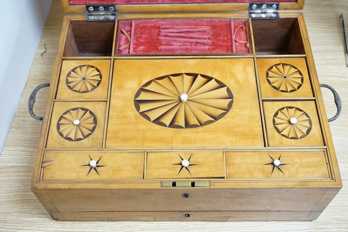 A 19th century paterae inlaid satinwood writing box, 39cm wide. CITES Submission reference ASNPNB4A. Condition - fair.